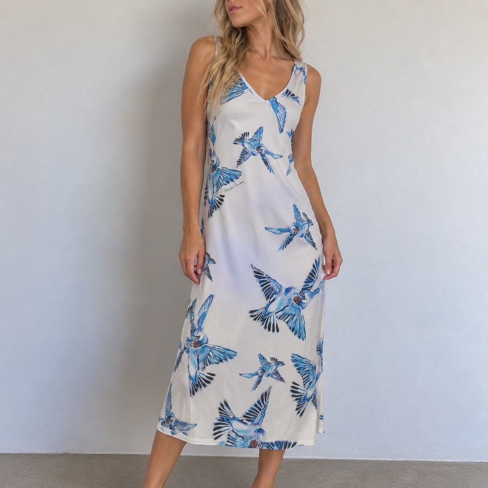 Ala von Auersperg Blue Bird Print Midi Dress Small Coastal Resort Wearable Art